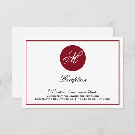 Red Elegant Script Monogram Reception Kaart (Voorkant / Achterkant)
