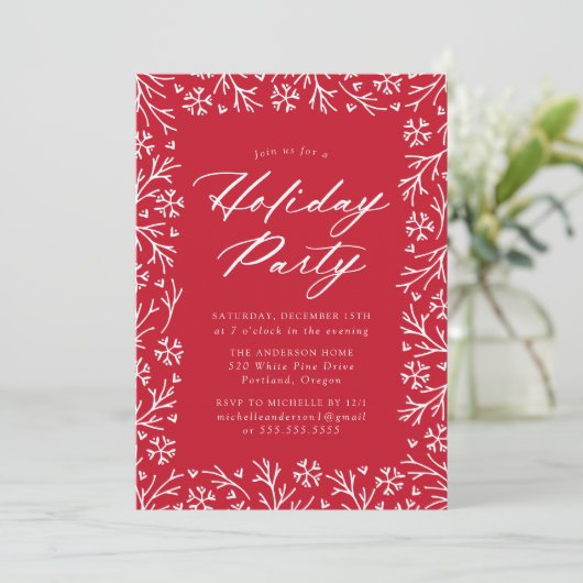 Red Elegant Snowflake Holiday Party Kaart (Staand voorkant)