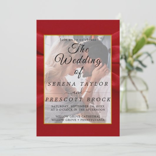 Red Elegant Vellum Wedding Invitation Kaart (Staand voorkant)