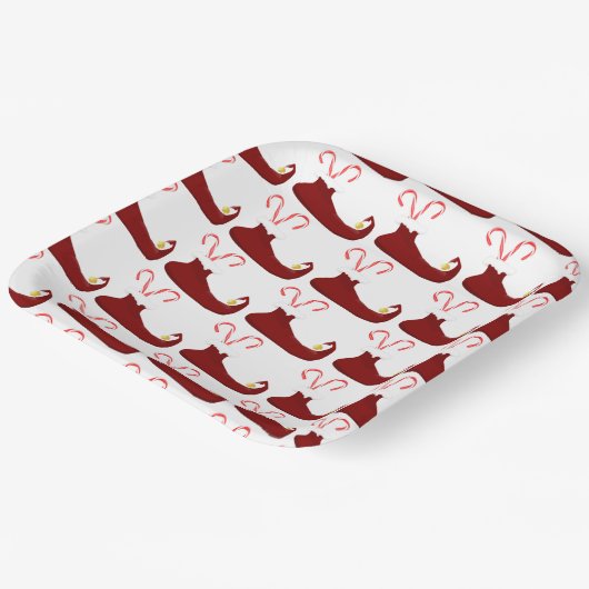Red Elf Slippers with Candy Canes Square Papieren Bordje (Gebogen)