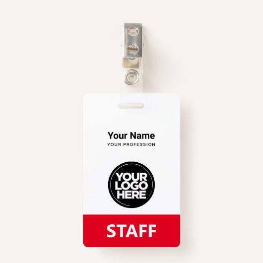 Red Employee Name Business Logo Personeel Label Badge (Voorkant met clip)