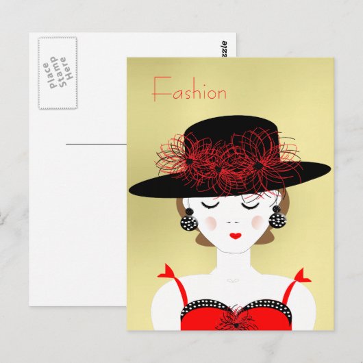 Red en Black Chic Mode Lady Illustratie Briefkaart (Voorkant / Achterkant)