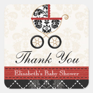 RED en Black Damask Baby Carriage Bedankt Vierkante Sticker