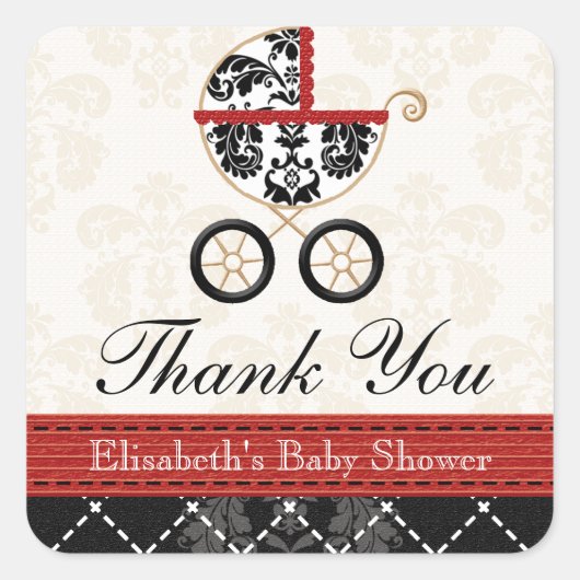RED en Black Damask Baby Carriage Bedankt Vierkante Sticker (Voorkant)