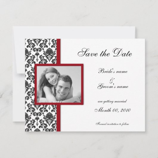 Red en Black Damask sparen de Datum Fotokaarten Save The Date (Voorkant)