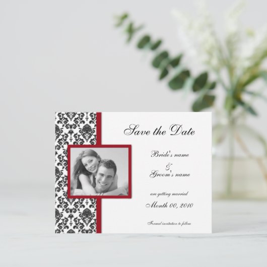 Red en Black Damask sparen de Datum Fotokaarten Save The Date (Staand voorkant)