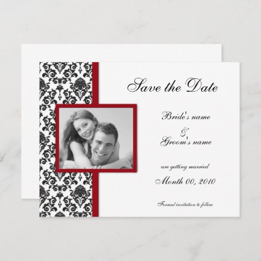 Red en Black Damask sparen de Datum Fotokaarten Save The Date (Voorkant / Achterkant)
