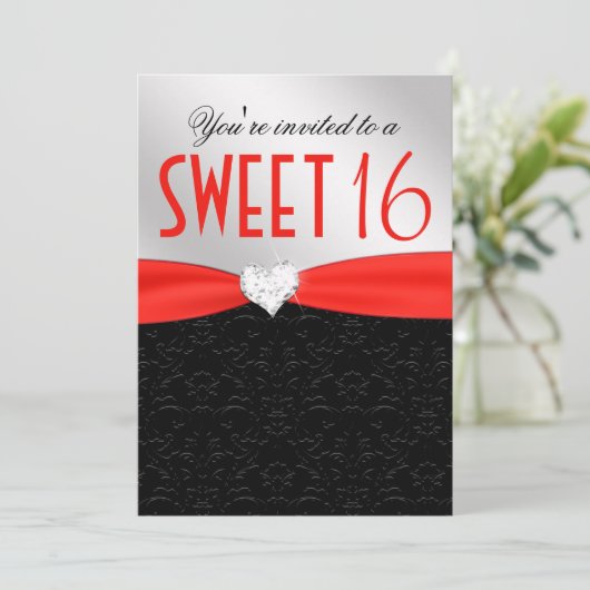 Red en Black Floral Damask Diamond Heart Kaart (Staand voorkant)