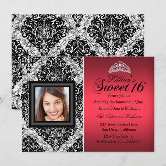 Red en Black Glitter Damask Foto Sweet 16 Kaart (Voorkant / Achterkant)
