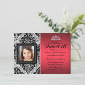 Red en Black Glitter Damask Foto Sweet 16 Kaart (Staand voorkant)