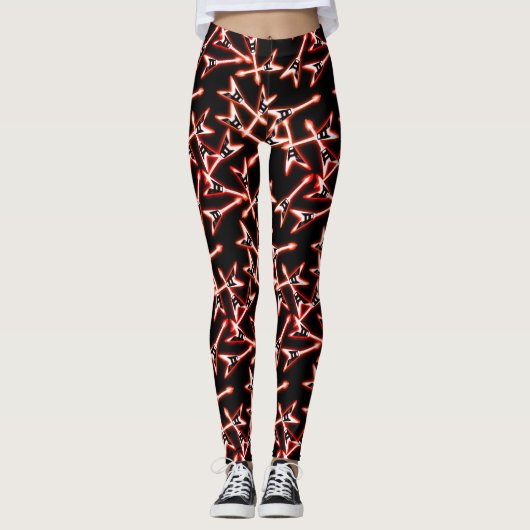 Red en Black Heavy Metal Electric Guitar Pattern Leggings (Voorkant)