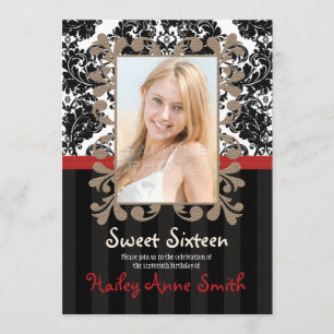 Red en Black Lace Damask Sweet Sixteen Kaart