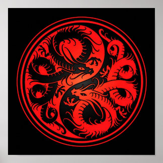 Red en Black Yin Yang Chinese Dragons Poster