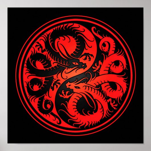 Red en Black Yin Yang Chinese Dragons Poster (Voorkant)