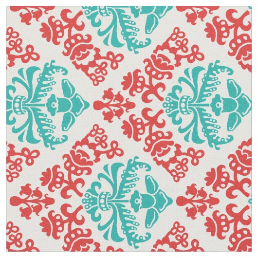 Red en Blauwgroen Damask Stof (Close Up)