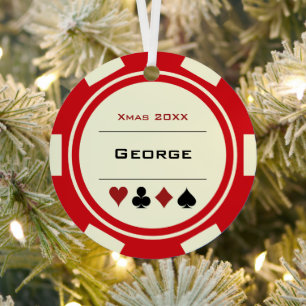 Red en Cream Las Vegas Poker Chip Metalen Ornament