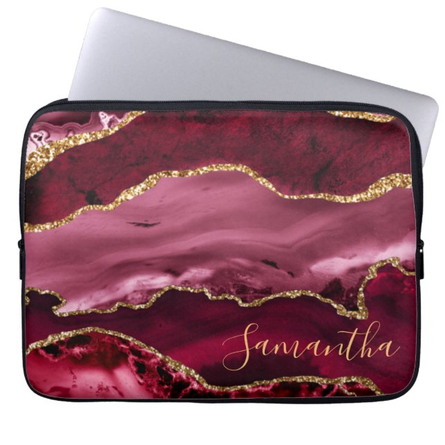 Red en Faux Gold Glitter Marble Agate Laptop Sleeve (Voorkant)