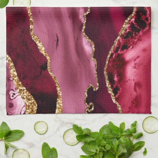 Red en Faux Gold Glitter Marble Agate Theedoek (Gevouwen)