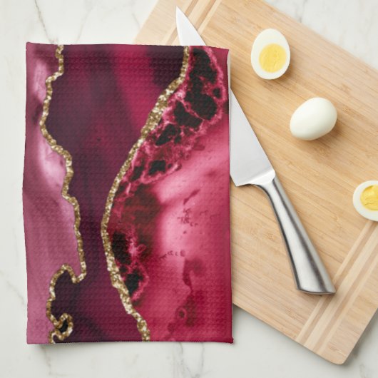 Red en Faux Gold Glitter Marble Agate Theedoek (Quarter Fold)
