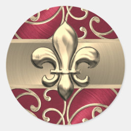 Red en Gold Filigree Swirls Fleur de Lis Ronde Sticker