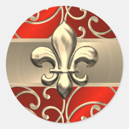 Red en Gold Filigree Swirls Fleur de Lis Ronde Sticker