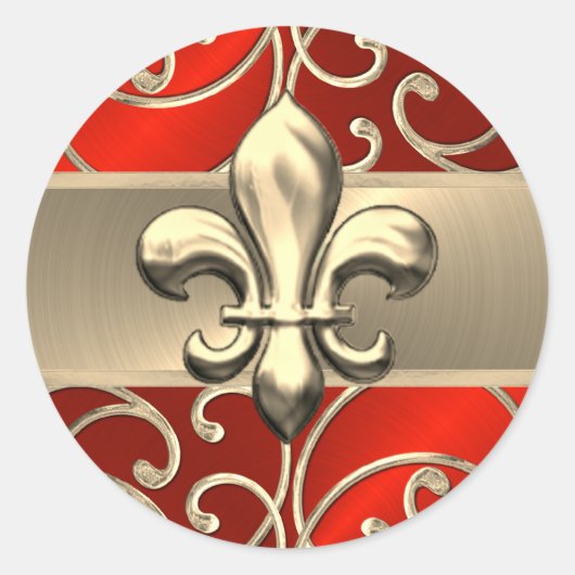 Red en Gold Filigree Swirls Fleur de Lis Ronde Sticker (Voorkant)
