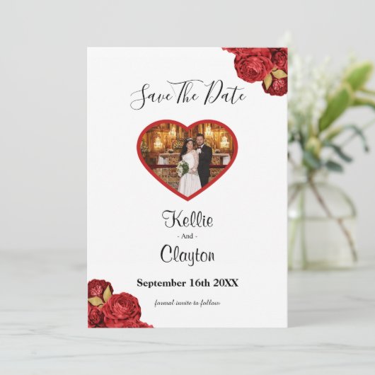 Red en Gold Floral foto opslaan datum Save The Date (Staand voorkant)