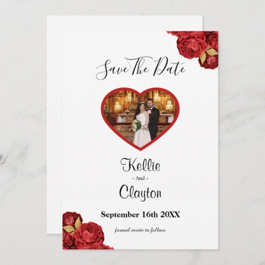 Red en Gold Floral foto opslaan datum Save The Date (Voorkant / Achterkant)