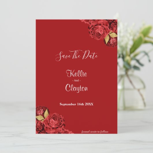 Red en Gold Floral sparen de datum Save The Date (Staand voorkant)