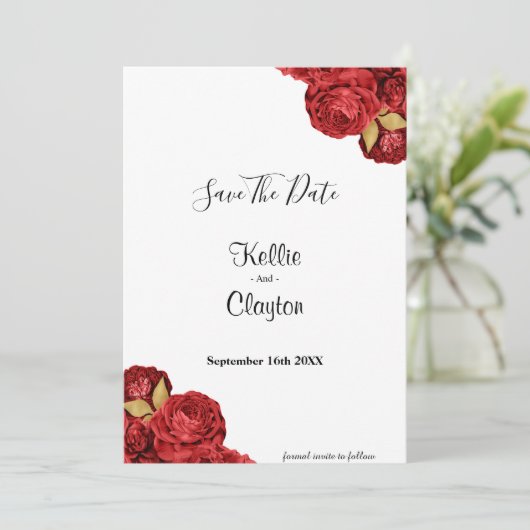 Red en Gold Floral sparen de datum Save The Date (Staand voorkant)