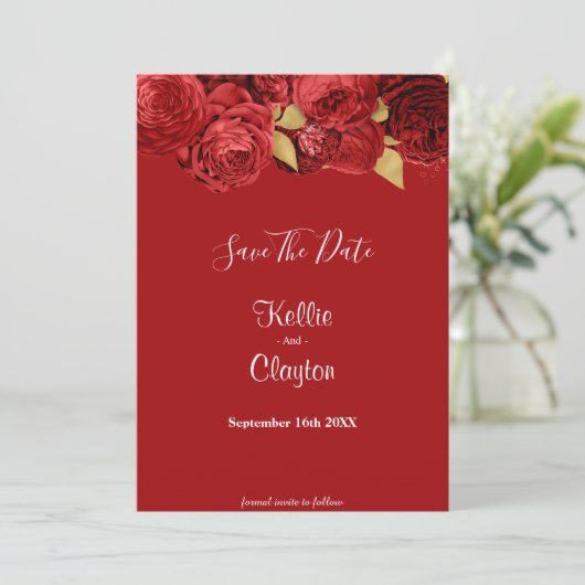 Red en Gold Floral sparen de datum Save The Date (Staand voorkant)