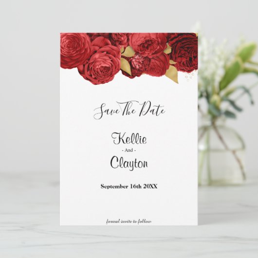 Red en Gold Floral sparen de datum Save The Date (Staand voorkant)