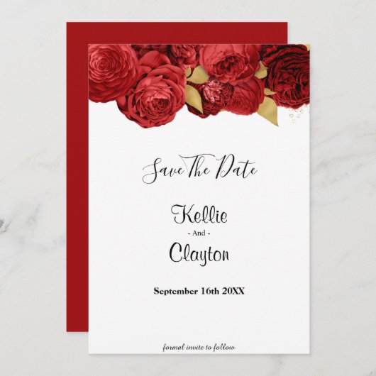 Red en Gold Floral sparen de datum Save The Date (Voorkant / Achterkant)