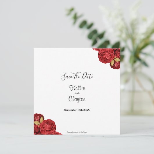 Red en Gold Floral sparen de datum Save The Date (Staand voorkant)