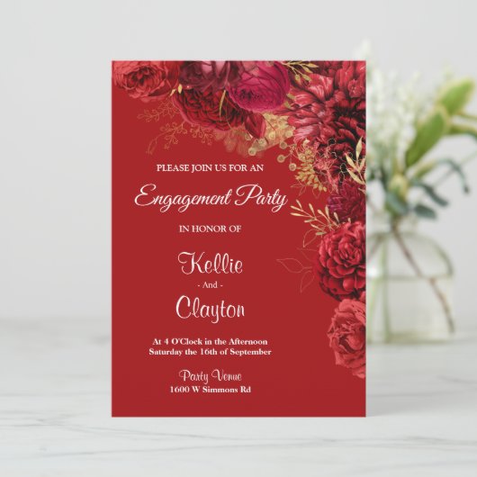 Red en Gold Floral verlovingsfeest Kaart (Staand voorkant)