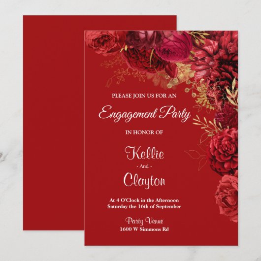 Red en Gold Floral verlovingsfeest Kaart (Voorkant / Achterkant)
