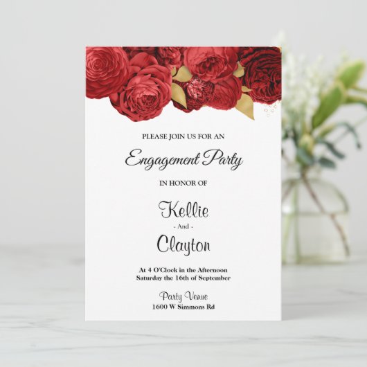 Red en Gold Floral verlovingsfeest Kaart (Staand voorkant)