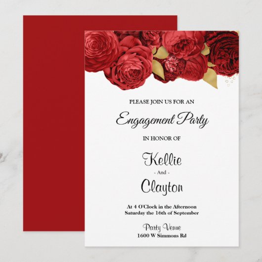 Red en Gold Floral verlovingsfeest Kaart (Voorkant / Achterkant)