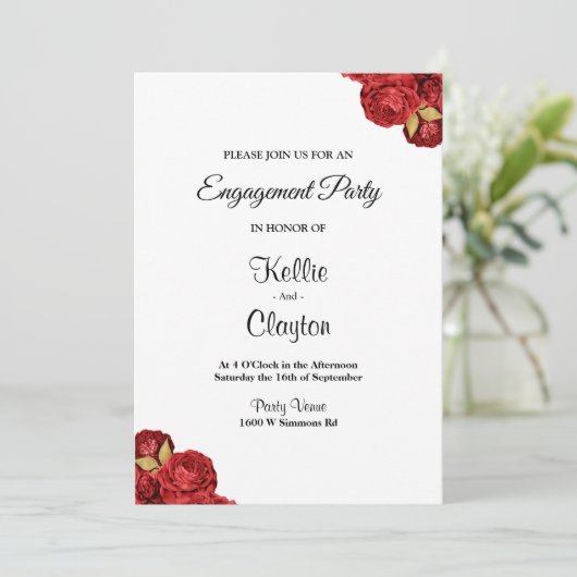 Red en Gold Floral verlovingsfeest Kaart (Staand voorkant)