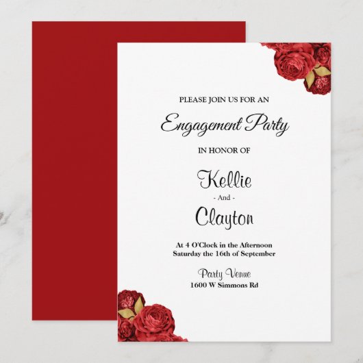 Red en Gold Floral verlovingsfeest Kaart (Voorkant / Achterkant)