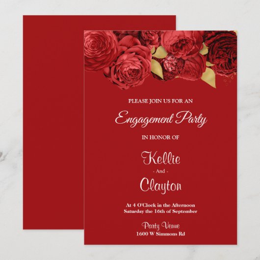 Red en Gold Floral verlovingsfeest Kaart (Voorkant / Achterkant)