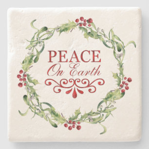 Red en Green Holly Wreath Peace on Earth Stenen Onderzetter