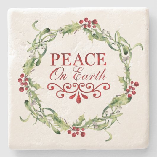 Red en Green Holly Wreath Peace on Earth Stenen Onderzetter (Voorkant)