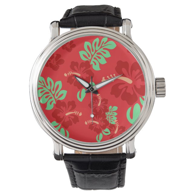 Red en Green Tropical Hibiscus Floral Horloge (Voorkant)