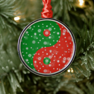 Red en Green Yin Yang met Snowflakes Metalen Ornament