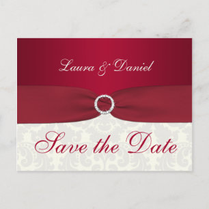 Red en Ivory Damask Save the Date Briefkaart