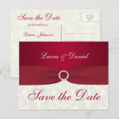 Red en Ivory Damask Save the Date Briefkaart (Voorkant / Achterkant)