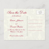 Red en Ivory Damask Save the Date Briefkaart (Achterkant)