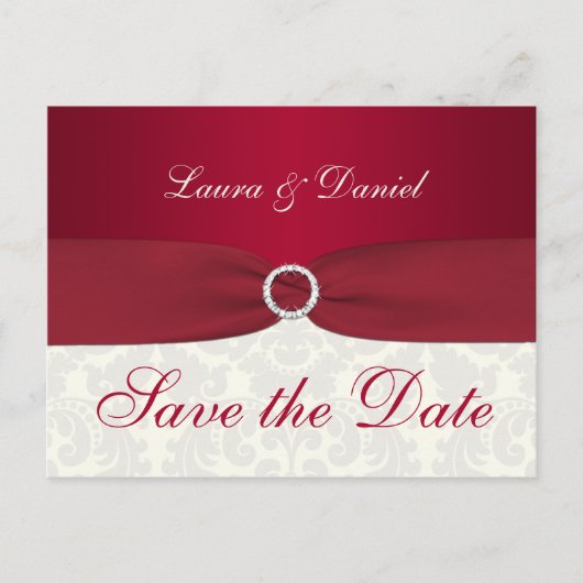 Red en Ivory Damask Save the Date Briefkaart (Voorkant)