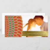 Red- en Jade Art Deco  Scallop Pattern Fan Save The Date (Voorkant / Achterkant)